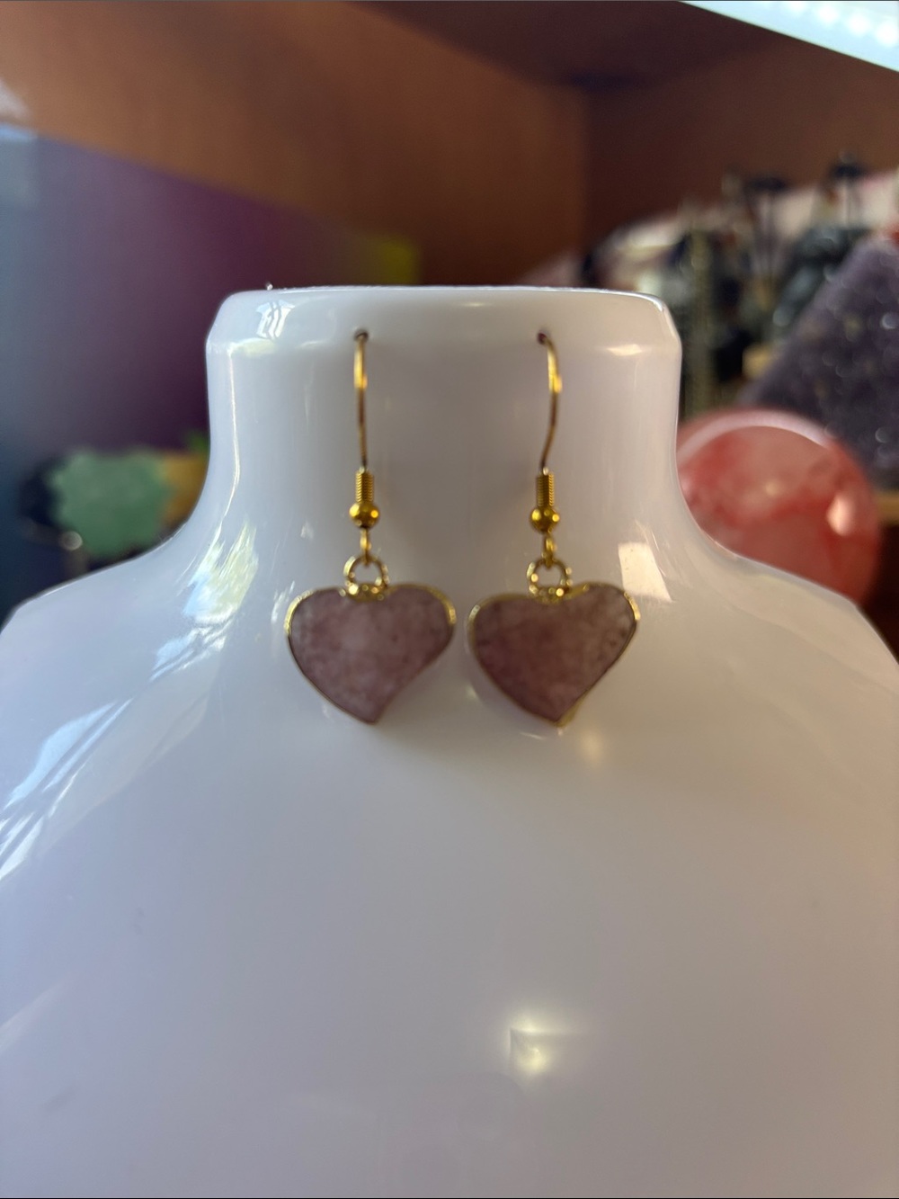 Strawberry Quartz Gold-Plated Pink Heart Drop Earrings - Women's Jewelry
